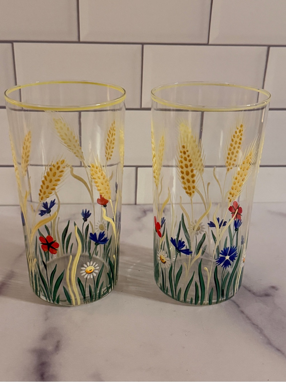 Vintage Hand Painted Floral Highball Glasses Set 2 Wildflower Wheat MCM Tumblers